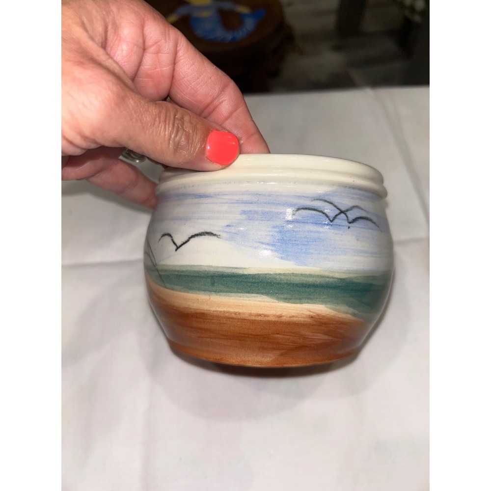 Signed Studio Pottery Coastal Beach Scene Ceramic Bowl Hand Painted Landscape - Picture 2 of 8